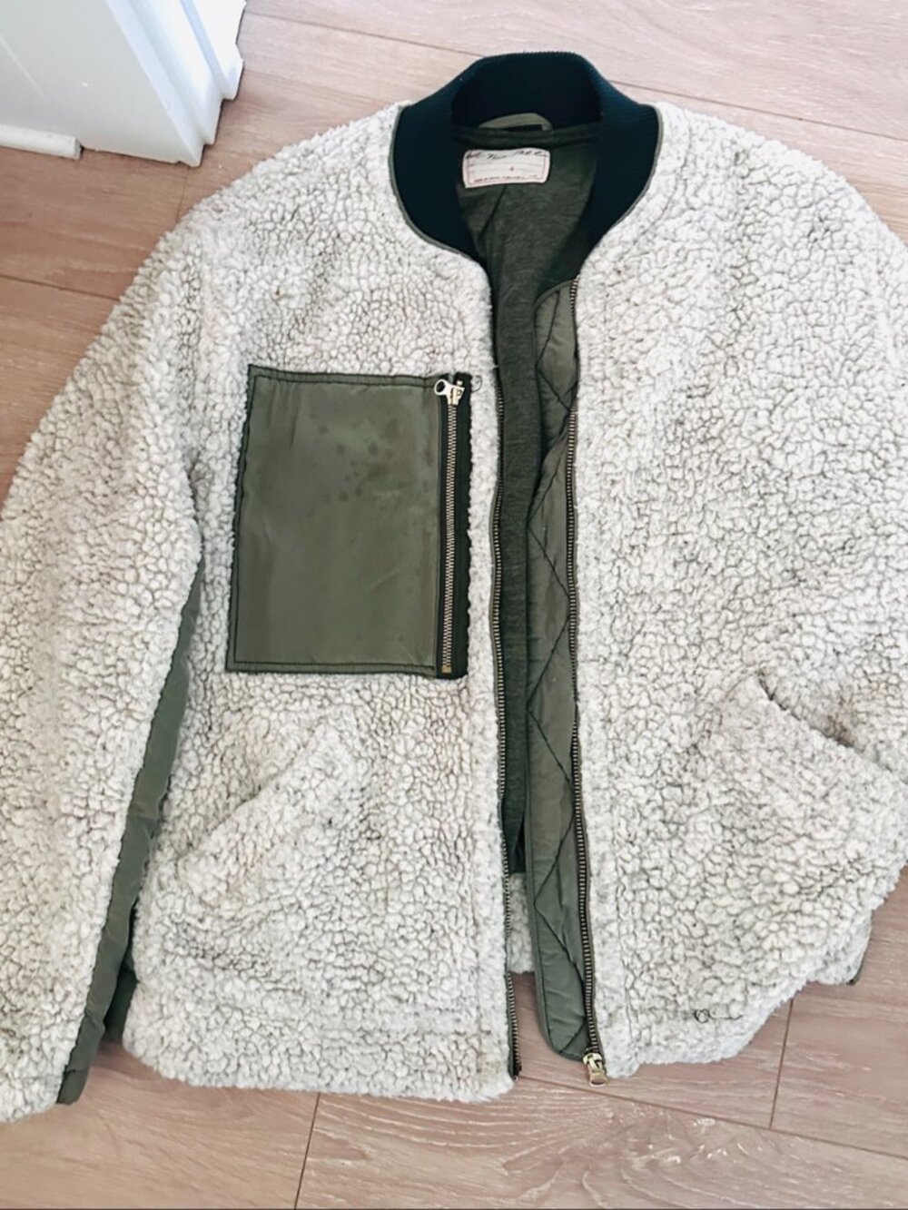 Free People We The Free Sherpa Bomber Jacket Cream Olive Size S